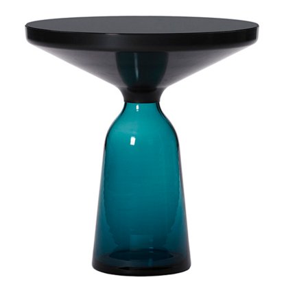 Bell Side Table, Black burnished steel, clear varnish, Montana blue