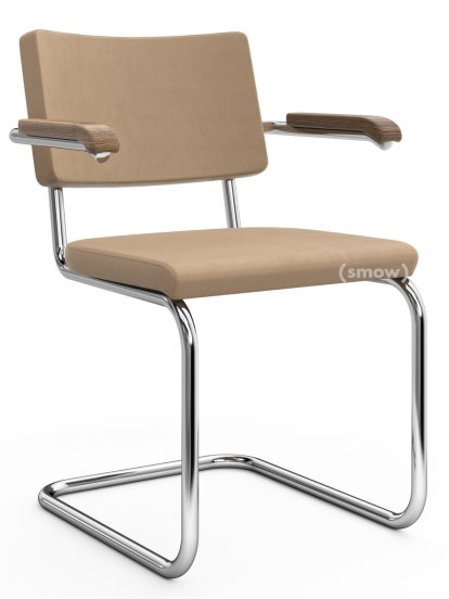 S 64 PV Pure Materials Cantilever Chair, Nubuk Leather sand beige, Walnut, Chrome-plated, Black plastic glides with felt