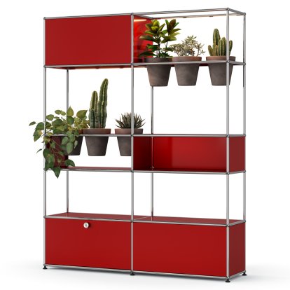 USM Haller E Plant World Room Divider, USM ruby red, Basalt, LED lighting warm white