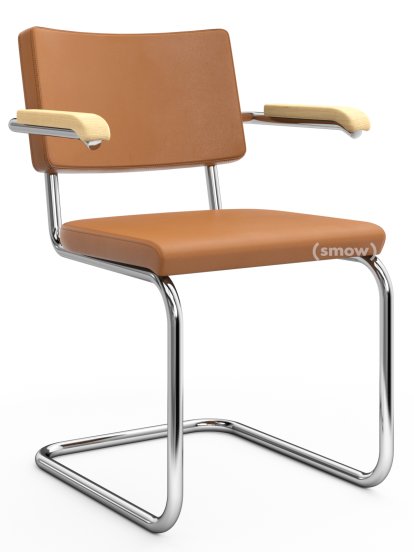 S 64 PV Pure Materials Cantilever Chair, Nappa Leather cognac, Ash, Chrome-plated, Black plastic glides with felt