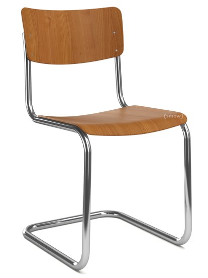 S 43 Classic Cantilever Chair, Chrome-plated frame, Stained beech, Cherry tree, Without seat pad, Black plastic glides with felt