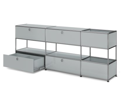 USM Haller Kids Sideboard L with storage boxes, Self-coloured, USM matte silver, With drop-down door and extension door (incl. metal box insert)