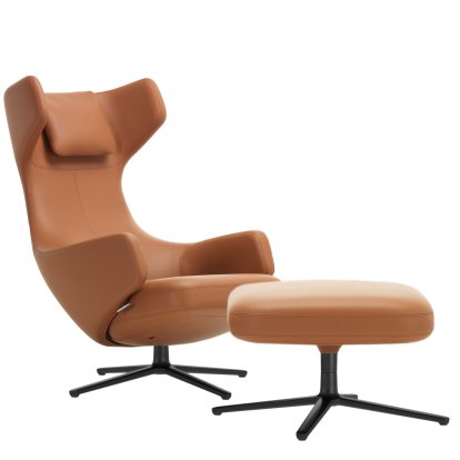 Grand Repos Lounge Chair, Chair Grand Repos & Ottoman, Leather Premium F cognac, 45 cm, Basic dark