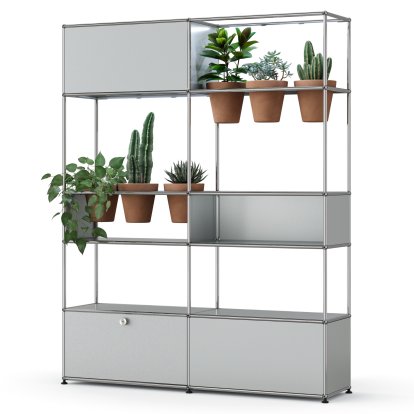 USM Haller E Plant World Room Divider, USM matte silver, Terracotta, LED illumination cold white