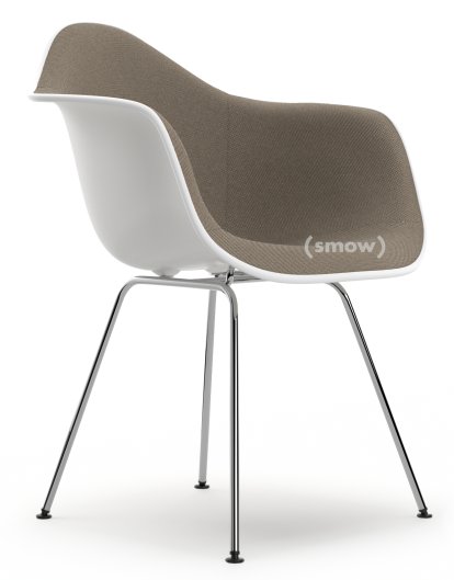 Eames Plastic Armchair DAX, White RE, With full upholstery, Warm grey / moor brown, Standard version - 43 cm, Chrome-plated