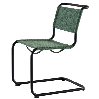 Details Thonet S 33 / S 34 V Fabric Cantilever Chair S 33 / S 34 V Fabric Cantilever Chair, Without armrests, Deep black matt powder coated, Fabric Cento malachit - dark green, Black plastic glides with felt