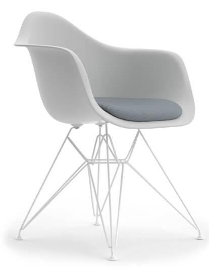 Eames Plastic Armchair DAR, Cotton white, With seat upholstery, Dark blue / ivory, Standard version - 43 cm, Coated white