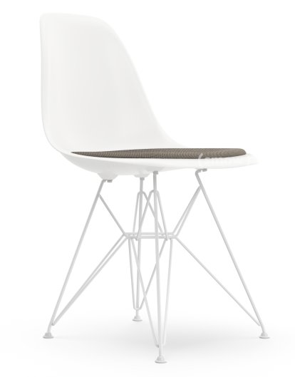 Eames Plastic Side Chair RE DSR, White non-RE, With seat upholstery, Warm grey / moor brown, Standard version - 43 cm, Coated white