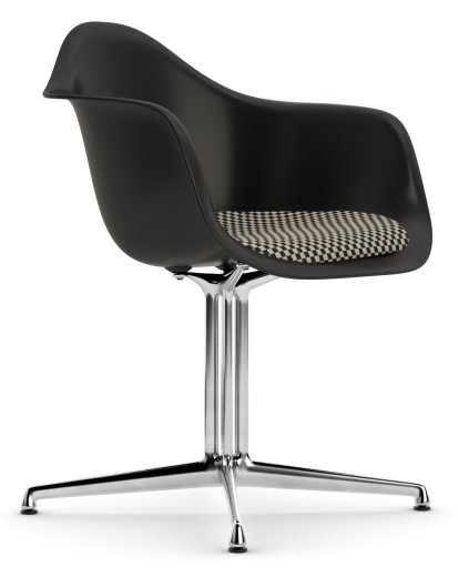 Eames Plastic Armchair DAL, Deep black, With seat upholstery, Checker, Aluminium polished, New seat height (43,0 cm)