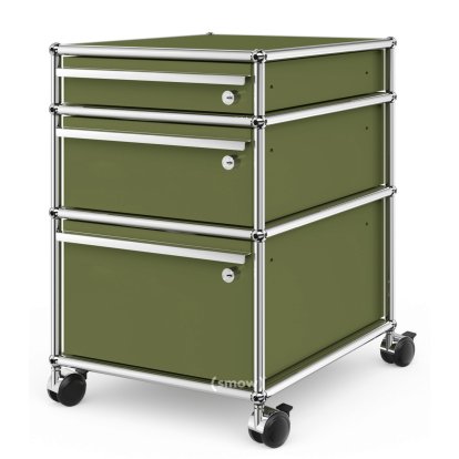 USM Haller Mobile Pedestal with 3 Drawers Type II (with Counterbalance), All compartments with a lock, Olive green RAL 6003