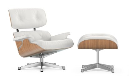 Lounge Chair & Ottoman, Walnut with white pigmentation, Leather Premium F snow, 89 cm, Aluminium polished