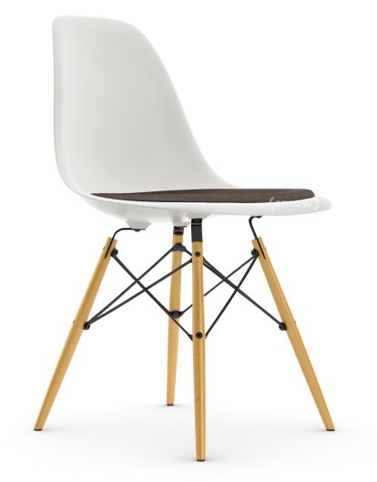Eames Plastic Side Chair DSW, White non-RE, With seat upholstery, Warm grey / moor brown, Standard version - 43 cm, Yellowish maple