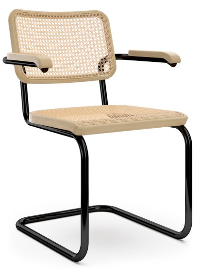 S 32 V / S 64 V Pure Materials Cantilever Chair, Lacquered oak, Deep Black (RAL 9005), With armrests, Black plastic glides with felt