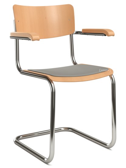 S 43 F Classic Cantilever Chair, Chrome-plated frame, Stained beech, Natural beech, Seat pad with upholstery light grey melange, Black plastic glides with felt