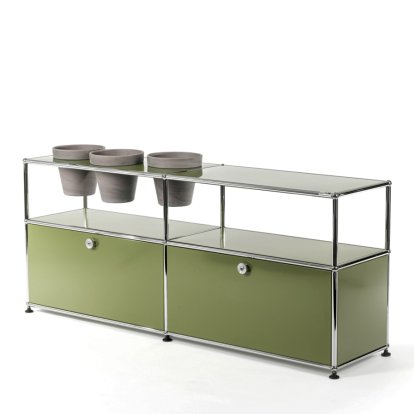USM Haller Plant World Sideboard, Olive green RAL 6003, With 2 drop-down doors, With 3 pots on the left, Basalt