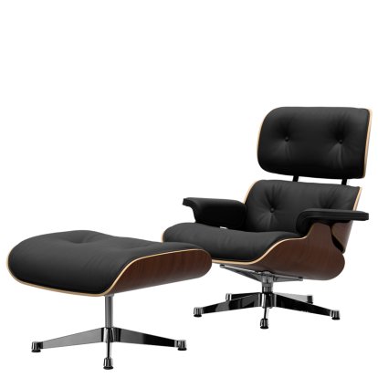 Eames Lounge Chair & Ottoman, Dark walnut, Leather Premium F nero, 89 cm, Aluminium polished