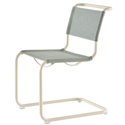 Details Thonet S 33 / S 34 V Fabric Cantilever Chair S 33 / S 34 V Fabric Cantilever Chair, Without armrests, Pearl white matt powder coated, Fabric Cento ray - light blue, Transparent plastic glides with felt