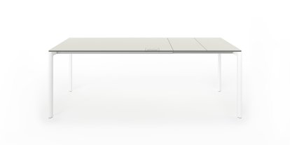 Maki Dining Table, L 139-214 x W 90 cm, Laminate sand grey, Aluminium with white lacquer