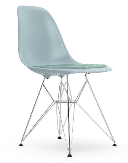 Eames Plastic Side Chair RE DSR, Ice grey, With seat upholstery, Ice blue / ivory, Standard version - 43 cm, Chrome-plated