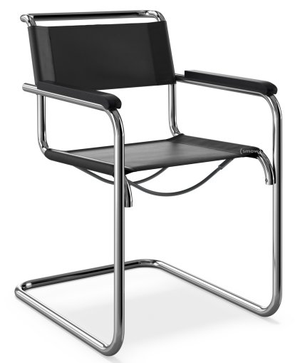 S 33 / S 34 Cantilever Chair, Armrests black stained beech, Butt leather, Black, Black plastic glides with felt