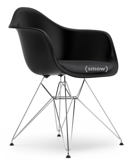 Eames Plastic Armchair RE DAR, Deep black, With seat upholstery, Dark grey, Standard version - 43 cm, Chrome-plated