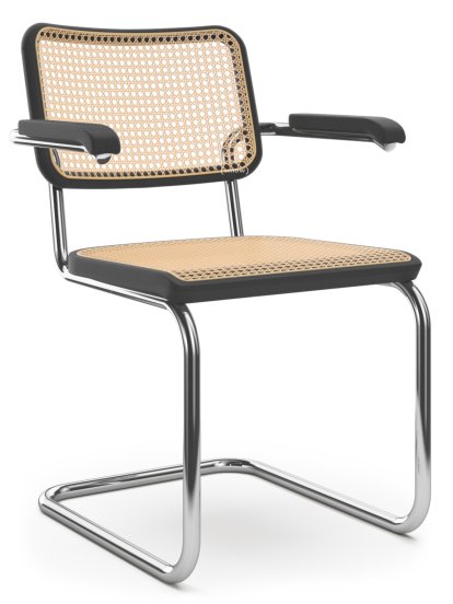 S 64 / S 64 N Cantilever Chair, Cane-work (with supporting mesh underneath seat), Black stained beech, Black plastic glides with felt