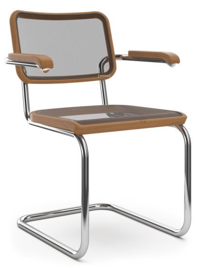 S 64 / S 64 N Cantilever Chair, Stretched synthetic netting, Cherry stained beech, Black plastic glides with felt