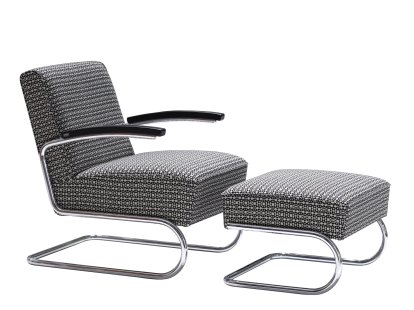 S 411 Cantilever Chair, Fabric Facets, Chrome-plated, With footstool, No glides