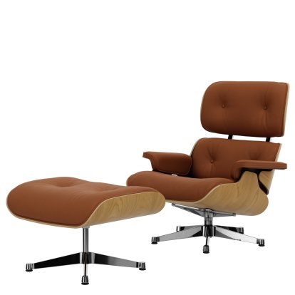 Eames Lounge Chair & Ottoman, Chestnut, natural, Lether Premium F cognac, 89 cm, Aluminium polished