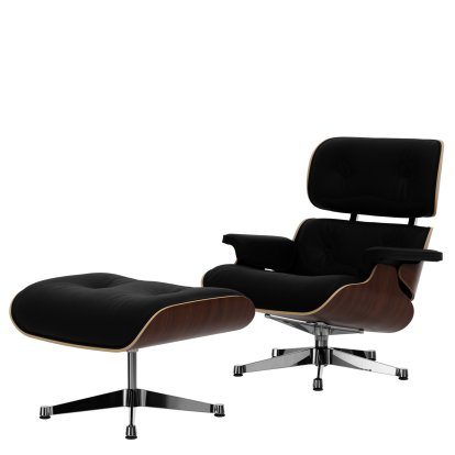 Lounge Chair & Ottoman, Dark walnut, Leather Premium F nero, 84 cm - Original height 1956, Aluminium polished