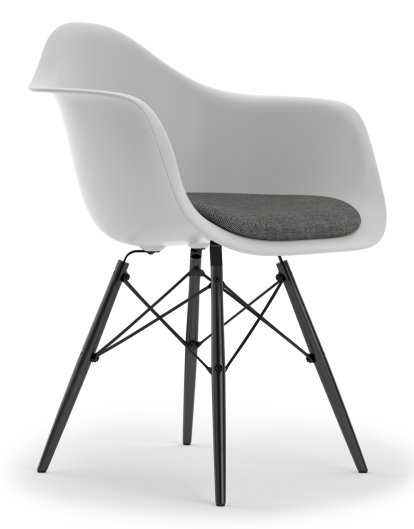 Eames Plastic Armchair DAW, Cotton white, With seat upholstery, Nero / ivory, Standard version - 43 cm, Black maple