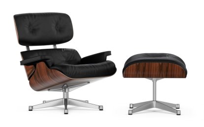 Lounge Chair & Ottoman, Santos Palisander, Leather Premium F nero, 84 cm - Original height 1956, Aluminium polished