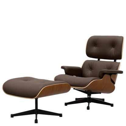Eames Lounge Chair & Ottoman, Walnut, natural, Leather Premium F marron, 89 cm, Aluminium polished, sides black