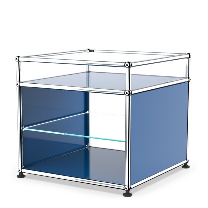 USM Haller side table with extension and glass divider shelf , Gentian blue RAL 5010