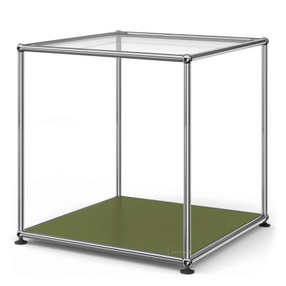 USM Haller Side Table 50 High, Upper panel glass, lower panel metal, Olive green RAL 6003