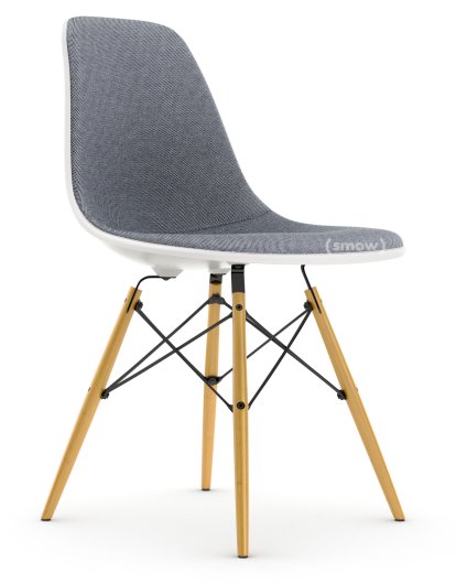 Eames Plastic Side Chair DSW, White RE, With full upholstery, Dark blue / ivory, Standard version - 43 cm, Yellowish maple