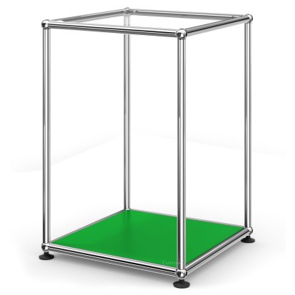 USM Haller Side Table 35 High, Upper panel glass, lower panel metal, USM green