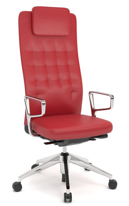 ID Trim L, FlowMotion without seath depth adjustment, With polished aluminium ring armrests, Basic dark, Leather red, Soft castors for hard floor surfaces