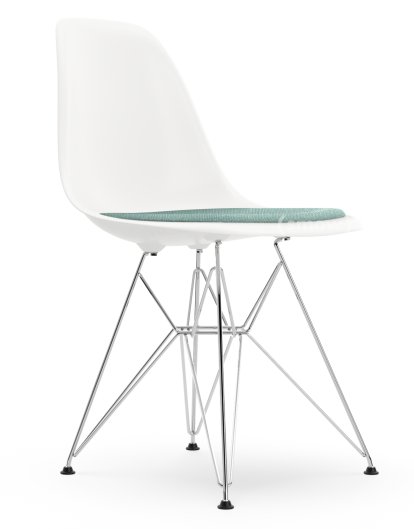 Eames Plastic Side Chair DSR, White RE, With seat upholstery, Ice blue / ivory, Standard version - 43 cm, Chrome-plated