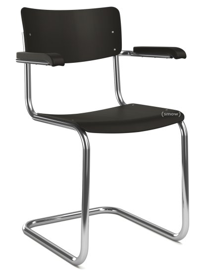 S 43 F Classic Cantilever Chair, Chrome-plated frame, Lacquered beech, Deep black (RAL 9005), Without seat pad, No glides