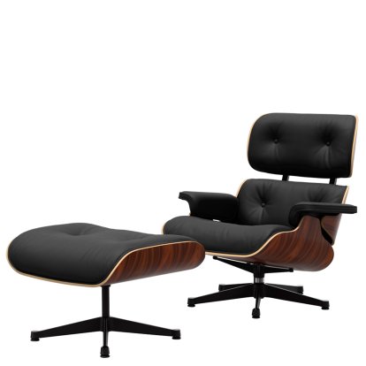 Eames Lounge Chair & Ottoman, Santos Palisander, Leather Premium F nero, 84 cm - Original height 1956, Aluminium polished, sides black