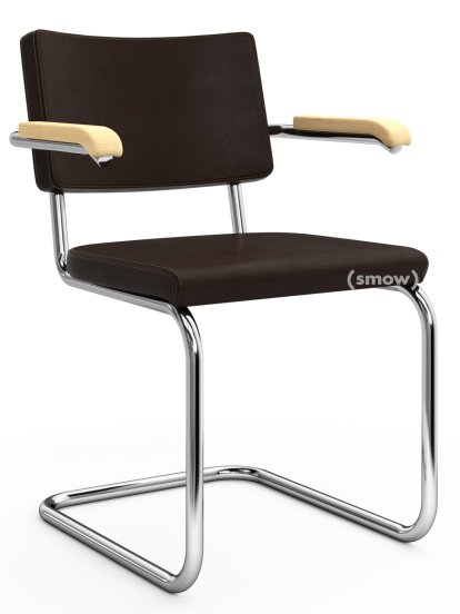 S 64 PV Pure Materials Cantilever Chair, Nappa Leather dark brown, Ash, Chrome-plated, Black plastic glides with felt