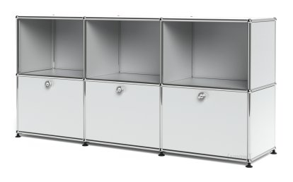 USM Haller Sideboard 50, Customisable, USM matte silver, Open, With 3 drop-down doors