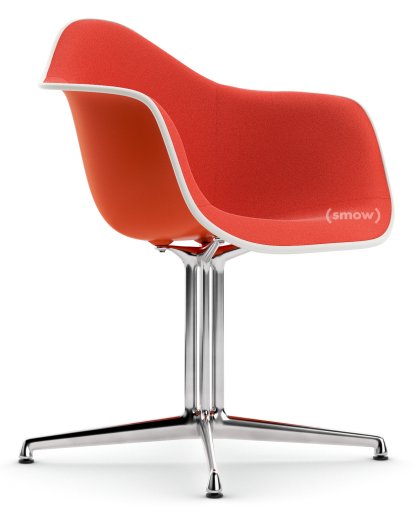Eames Plastic Armchair RE DAL, Red (poppy red), With full upholstery, Coral / poppy red , Aluminium polished, New seat height (43,0 cm)