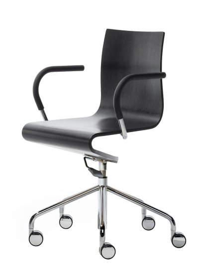 Work Chair Seesaw, Chrome plated, with gas spring, With armrests, same colour as base, Black ash