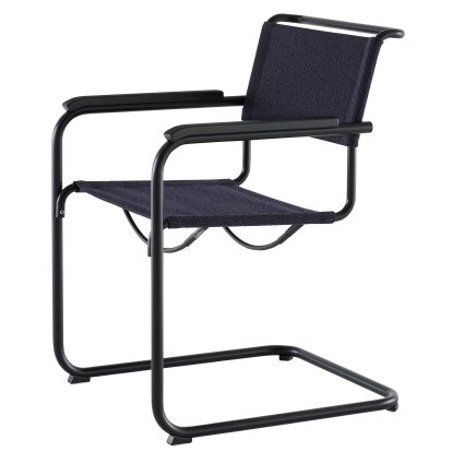 Details Thonet S 33 / S 34 V Fabric Cantilever Chair S 33 / S 34 V Fabric Cantilever Chair, Armrests black stained beech, Deep black matt powder coated, Fabric Cento deep - dark blue, Black plastic glides with felt