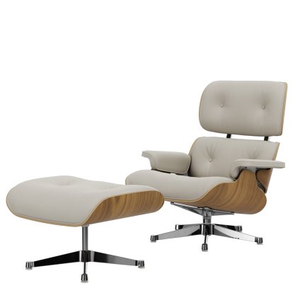 Lounge Chair & Ottoman, Walnut with white pigmentation, Leather Premium F snow, 89 cm, Aluminium polished