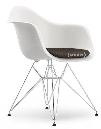 Eames Plastic Armchair RE DAR, White non-RE, With seat upholstery, Warm grey / moor brown, Standard version - 43 cm, Chrome-plated