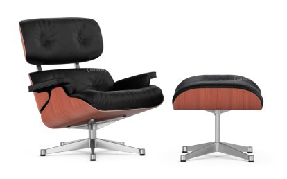 Lounge Chair & Ottoman, Cherry, Leather Premium F nero, 84 cm - Original height 1956, Aluminium polished