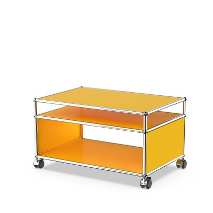 USM Haller side table with extension and castors, Golden yellow RAL 1004, Soft castors for hard floor surfaces